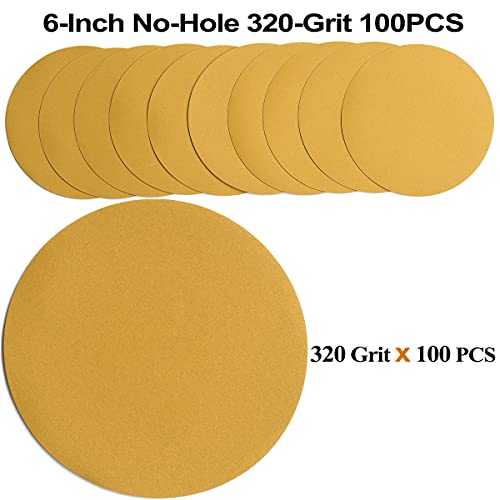 Image of 6-Inch No-Hole Hook and Loop Sanding Discs 320-Grit, Random Orbital Sandpaper for Automotive and Woodworking, 100-Pack