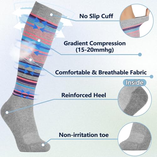 Image of +MD Cotton Compression Socks for Women & Men 4 /6 Pairs 15-20mmHg Knee High for Sports, Travel, Nursing Long Sitting Standing
