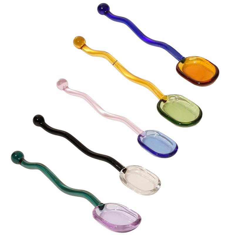 Cuillères à lait créatives en verre coloré transparent pour café, dessert, cuillère à remuer à long manche ondulé, cuillère à agiter, vaisselle de cuisine (L, 2 pièces)