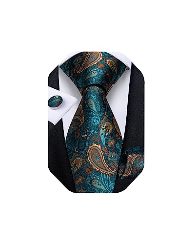 Image of DiBanGu Extra Long Tie for Men 63 inch XL Silk Necktie Set | Pocket Square and Cufflinks, Big and Tall, Jacquard Woven, Gift Box, Paisley /Plaid /Solid /Striped, for Weddinng Party Business