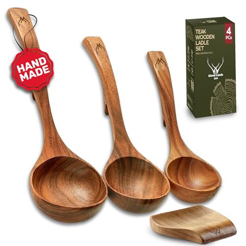 4Pcs Wooden Ladle Set – Teak Wood Soup Spoons with Hook Handles for Cooking, Serving, Stirring – Non-Stick Wooden Spoons for Pot & Bowl Use