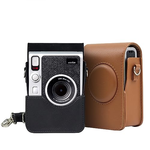 Étui de protection pour appareil photo Instax Mini EVO, sac de rangement rétro souple en cuir PU avec bandoulière réglable (noir)