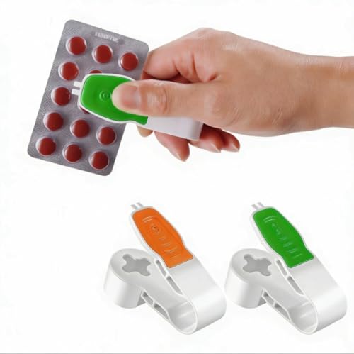 Image of 2nd Generation Pill Extractor Tool with Storage Compartment, Medicine Blister Pack Remover, Dual Tooth Design for Foil Piercing, Built-in Organizer Box,(Orange and Green) 2 pcs