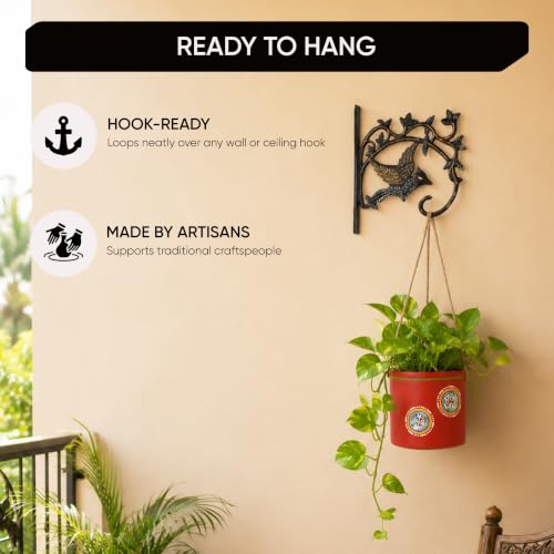 Image of AAKRITI ART CREATIONS Terracotta Hanging Planter with Metal Stand | Red Rose Warli Art, Matte Finish | Decorative Hanging Pot for Indoor & Outdoor Home Decor