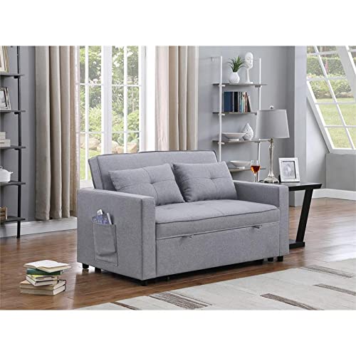 Bowery Hill Light Gray Linen Fabric 3-In-1 Convertible Sleeper Loveseat With Side Pocket #TOP1