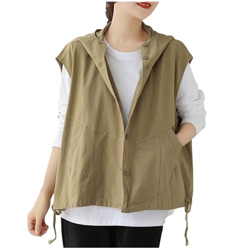FunAloe Gilet For Women Uk Ladies Vest Women Waistcoat Sleeveless Cardigans For Women Hoodie For Women Uk Plus Size Spring/Summer Solid Pocket Hem Drawstring Loose Button Top Body Warmer Coat