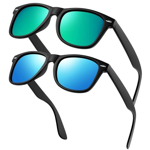 KANASTAL 2 Packs Green Sunglasses Mens Polarised Blue Mirrored Sunglasses Retro Womens Square Retro Polarized Cool Coloured Ladies UV Protection - Blue Lens + Green Lens