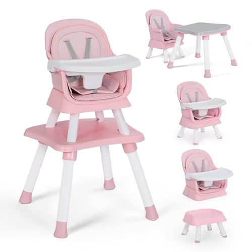 Image of TODEFULL Baby High Chair, 8 in 1 Convertible Highchairs for Babies and Toddlers, Children Dining Booster Seat/Kids Building Block Table for Girls Boys, Baby Seat with Removable Tray,Pink & White
