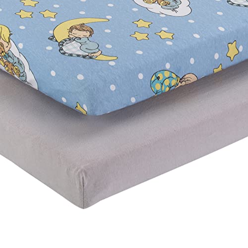 Image of 2 Pack n Play Mattress Sheets - 100% Jersey Knit Cotton Soft Portable Crib Mattress Sheet for Boys with Blue and Yellow Precious Moments Design; 2 Pk Playpen Mattress or Mini Crib Fitted Sheet Set