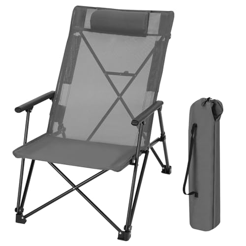 WOLTU Silla Camping Plegable, Silla Pesca, Tumbona con Cojín, Silla Playa Respaldo Alto, Silla Portátil y Ligera para Exterior, Picnic, Jardín, Piscina, Gris Oscur, Marco de Metal, CPS8165dgr