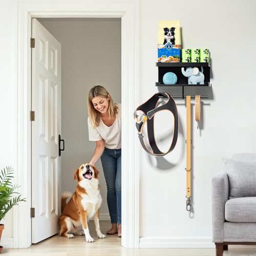 Hundegarderobe mit Ablage, Hundeleinen Halterung Wand, Schwarz Wandhalter für Hundeleine, Metall Hunde Garderobe Schlüsselbrett, für Hundeleine, Trainingsleckerlis, Kauspielzeug, Schlüssel, Groß