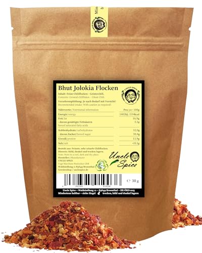 UNCLE SPICE® BHUT JOLOKIA Chiliflocken 30g - eine der schärfsten Chili der Welt - Geisterchili in Premiumqualität - NAGA JOLOKIA - Chilischoten in Flocken- 1.0 Mio Scoville - Achtung EXTREM SCHARF