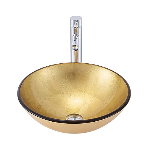 JIPOFAN Fregadero de baño, Lavabo sobre encimera, Lavabo de tocador de Vidrio Templado, Lavabo en la Parte Superior, Lavabo Redondo Dorado con Grifo, combinación de Drenaje