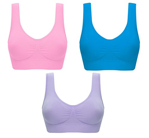 Sujetador deportivo sin costuras, ultracómodo, 3 unidades, con almohadillas extraíbles Rosa claro/Azul Lago/Púrpura Claro X-Large