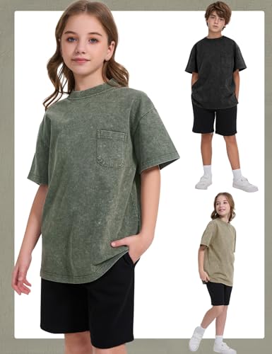 Image of COZYPOIN Unisex Kids Vintage Acid Wash Cotton Tees Crew Neck 3-16Y | 100% Cotton Boys Oversized T Shirt, Crew Neck, Short Sleeve, Front Pocket, Vintage Acid Washed Kids Tees for Boys Girls