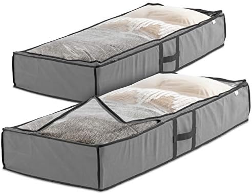 ZOBER Under Bed Storage Containers - Pack of 2 Clothes Storage Bins with Handles and Clear Window - Closet Organizer and Shoe Storage Bags for Bedroom, Dorm & Closet - 42 x 18 x 6 Inches, Gray