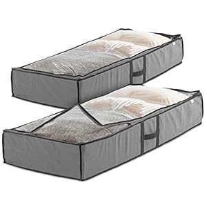 Zober Under Bed Storage – Pack of 2 Under Bed Storage Containers for Clothes, Blankets, Winter Clothing, & Shoes – Under The Bed Storage with Handles, Dual Zippers, & Clear Top (Gray)