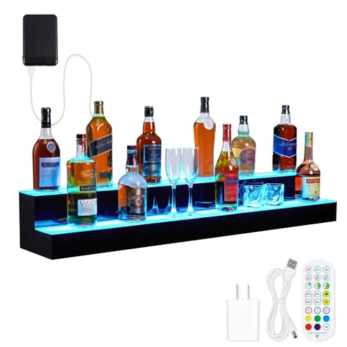 LED Lighted Liquor Bottle Display,2 Tiers 48in LED Liquor Shelf with Remote & App Control,Bottle Shelf with 16 Colors,4 Modes,Multi-Color Lighting Modes for Bars