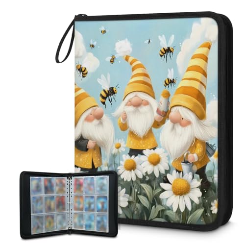 Mexpekil Raccoglitore di carte con tre api gialle gnomo margherita, 9 tasche, 900 tasche, 50 pagine, con cerniera, impermeabile, porta carte libro