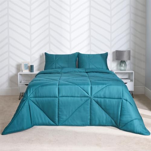 OHS 7.5 Tog King Size Duvet Coverless, Soft Warm Microfibre Vibrant Teal Quilted Geometric Pattern Comfortable Summer Duvet Washable King Size Duvet & Pillowcases