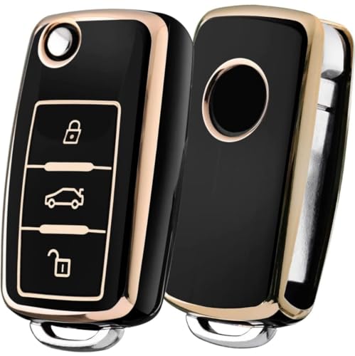 Image of TPU Car Key Cover Black & Golden Compatible for Skoda Rapid, Laura, Superb, Octavia, Fabia, Yeti (Skoda, 3 Button Flip Key)
