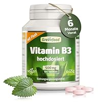 Vitamin B3 (mit Flush!), extra hochdosiert, 500mg - 180 Tabletten, vegan. Niacin - für Energiehaushalt, Balance & Vitalität. OHNE künstliche Zusätze - laborgeprüft. Von Greenfood.