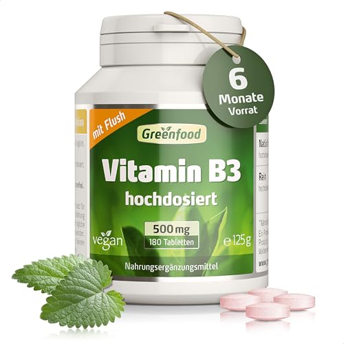 Vitamin B3 (mit Flush!), extra hochdosiert, 500mg - 180 Tabletten, vegan. Niacin - für Energiehaushalt, Balance & Vitalität. OHNE künstliche Zusätze - laborgeprüft. Von Greenfood.