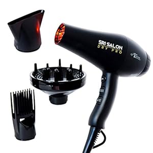 SRI Salon Dry Pro, Infrared Light Blow Dryer with Salon Results, Negative Ions for Reduced Frizz, Fast-Drying & Max Shine, 1875W, Free Attachments - Concentrator, Diffuser, & Comb