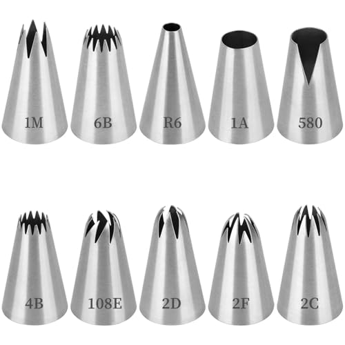 Set of Professional Icing Nozzles, Large, Set of 10 Piping Nozzles Set, 304 Stainless Steel Piping Nozzles, Large, Reusable, for Icing/Choux Pastry Decorating Cupcakes, Cakes, Biscuits Decoration