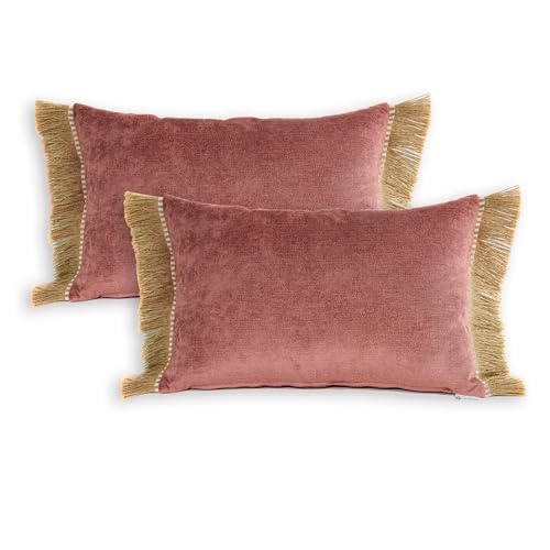 TAPIDECOR | Embalagem de 2 fronhas 2 enchimentos almofada | modelo cinzento e triângulos rosa | decoração de casa, almofada para cama, sofá, sala de estar ou terraço, design moderno e elegante,