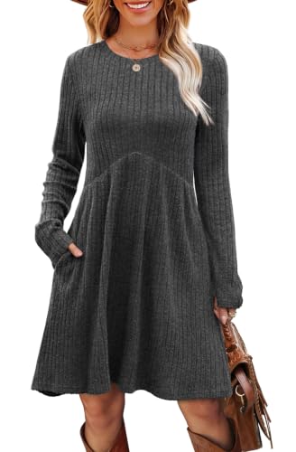 Image of OFEEFAN Long Sleeve Dress for Women Crew Neck Empire Waist Tunic Dress with Pockets