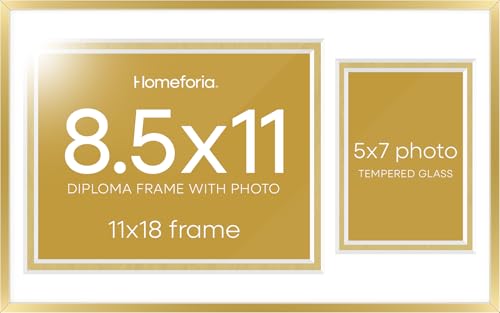 Image of Homeforia 11x18 Gold Diploma Frame with Photo, High End Metal 11 x 18 Certificate Frames with Mat for 8.5 x 11 inches Diploma and 5 x 7 Picture, Award Degree Frames, Tempered Glass, Wall Kit, Set of 1