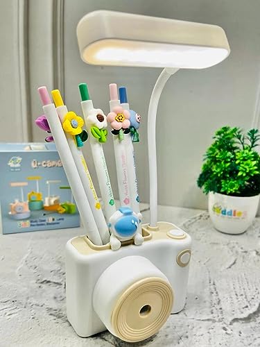 Image of Kiditos Small Study Desk LED Lamp Rechargeable, 360 Flexible Gooseneck Lamp with Pen Holder, Pencil Sharpener, Table Lamp for Girls Boys Room (Camera), White