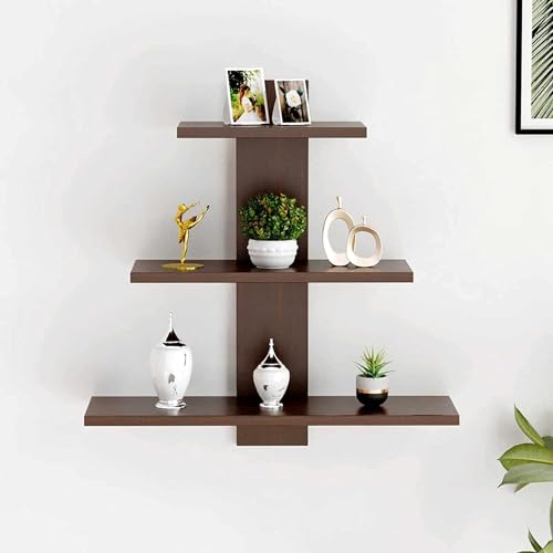 Image of 3 Tiers Floating Wall Shelf Rack for Home D�cor Display Units | Floating Book Rack for Study Room | Wall Mount Shelves for Home Bedroom Office Wall Decoration (Brown)