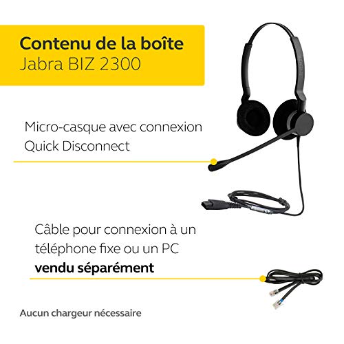 Jabra Biz 2300 - Casque Stereo supra-auriculaire Quick Disconnect - Casque Filaire avec Microphone Antibruit Pour Téléphones de Bureau Noir