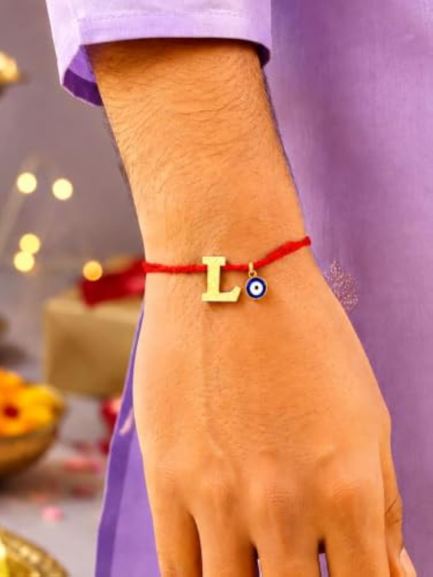 Gold Plated L Letter Blue Charm Rakhi for Brother