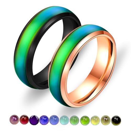 6mm Stainess Steel Band Temprature Sensitive Color Changing Mood Rings for Men Women, His Her Black Rose Gold Plated Anniversary Wedding Birthday Band Rings Y1854-2D3