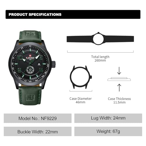 NAVIFORCE Sport Watches for Men Leather Band Waterproof Quartz Analog Wristwatch Easy to Read with Auto Date
