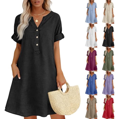 Cotton Linen Dresses for Women 2026 House Lounge Short Sleeve V Neck Button Down Dress Maxi Skirts Pocket Flowy Long Beach Sundresses Over 50 Plus Size Ladies Clothing Tunic Black