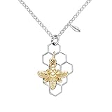 NOUMANDA Geometric Hexagon Silver Honeycomb Necklace with Gold Bee Charm Nature Jewelry (Silver)