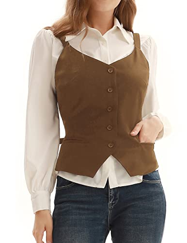 Kancy Kole Womens Waistcoat V-Neck Racerback Vest Button Regular Fitted Dressy Vest With Pockets Brown Xl #TOP2