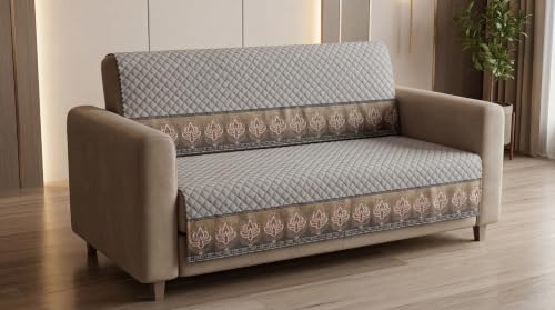 Image of KINGLY Sofa Cover 5 Seater 3+2 Velvet Full Cover - Warm Grey | Fully covered quilted velvet slipcover, washable anti-slip thick furniture protector for 3+2 living room sofa