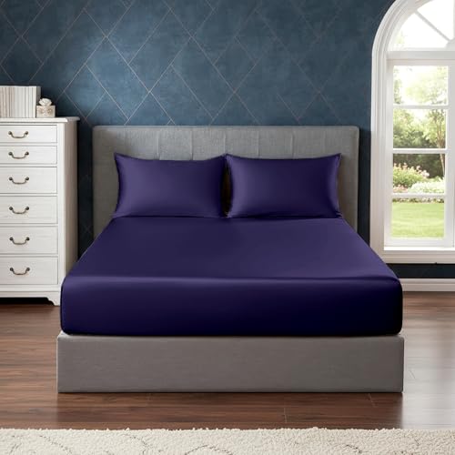 Image of Soft and Silk Satin Fitted Bedsheet for Queen Size 60X78 +12 in - Elastic Fitted Sheet 400 TC Hotel Collection for Bedroom | Fitted Sheet with Pillow Cover - Navy Blue,