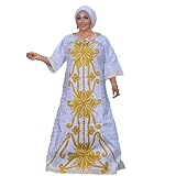 HD African Traditional Bazin Dress for Woman Gold Embroidery White Wedding Attire Maxi Dashikis Flare Sleeves L