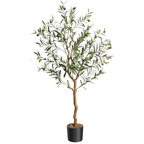 GAOMON Artificial Olive Tree 4.25FT(51in) Tall Faux Olive Trees with Silk Leaves for Home Office Living Room Decor Indoor Fake Olive Tree with Curved Wood Trunk and Lifelike Fruits 1 Pack