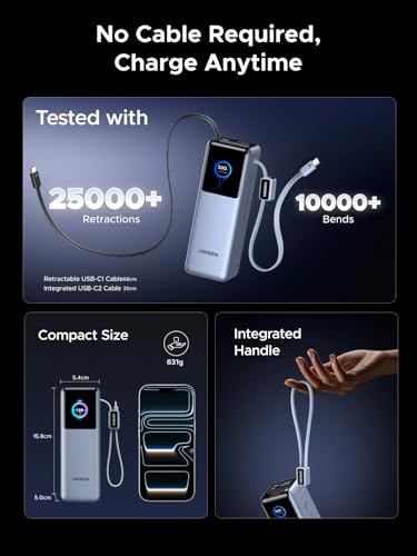 Ugreen Nexode Laptop Power Bank 25000Mah 200W Fast Charging Portable Charger Built-In Retractable Cable & Smart Display 4-Way Output Battery Pack Compatible With Dell, Hp, Ipad, Iphone 17/16 - 5