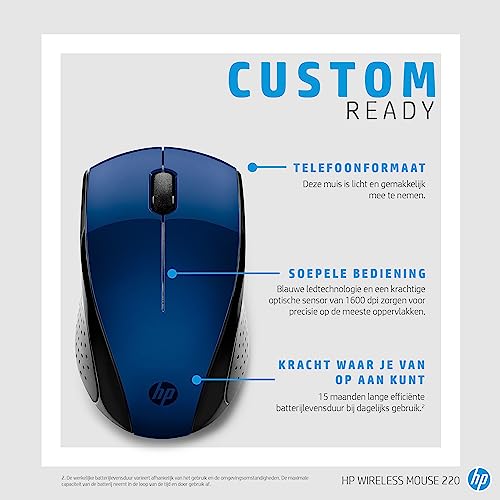 HP - PC 220 - Souris Sans Fil Bleu Lumière (USB, 1600 DPI, Ambidextre) 7KX11AA#ABB 9,48 x 5,7 x 3,91 cm