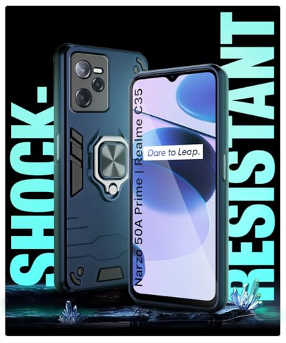 Image of WOW IMAGINE Shock Proof Back Case Mobile Cover for Realme Narzo 50A Prime | Realme C35 | Back Cover Case (Tough Armor | Hybrid PC + TPU | Ring Holder & in-Built Kickstand | Blue)