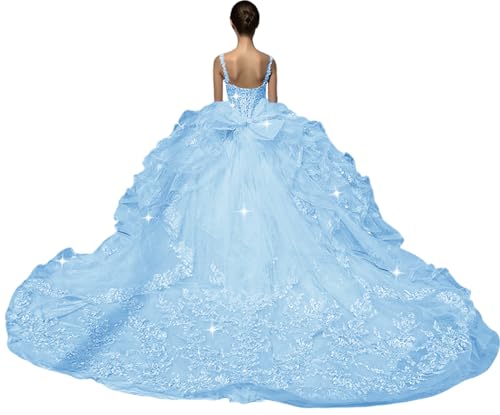 Lace Appliques Quinceanera Dresses with Big Bow Princess XV Dress Puffy Ruffled Ball Gown with Long Train SK0014