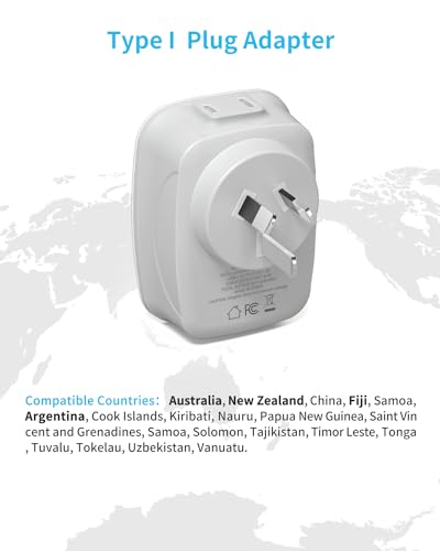 2 Pack Australia New Zealand Power Plug Adapter, VINTAR Australia Travel Adapter with 1 USB C,3 USB Ports and 2 American Outlets, 6 in 1 Type I Plug Adapter for US to Australia, Argentina, China